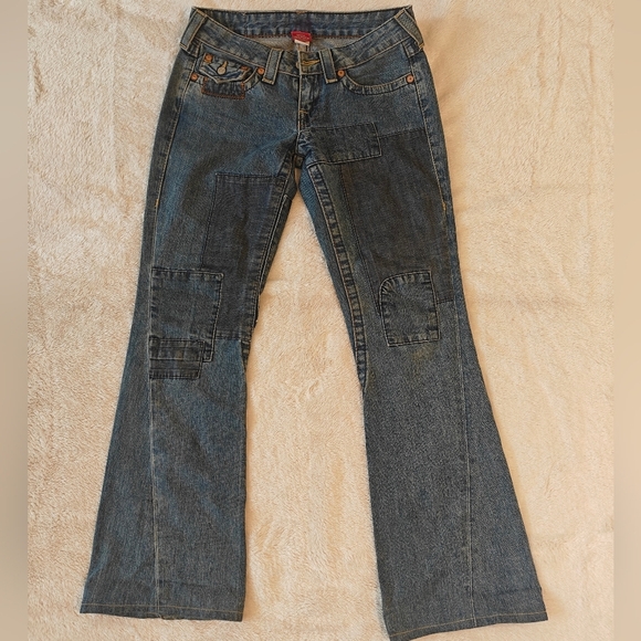 True Religion Size 27 Vintage Joey Patch Blue Jeans Low Rise Flare Boot Cut - Picture 2 of 8